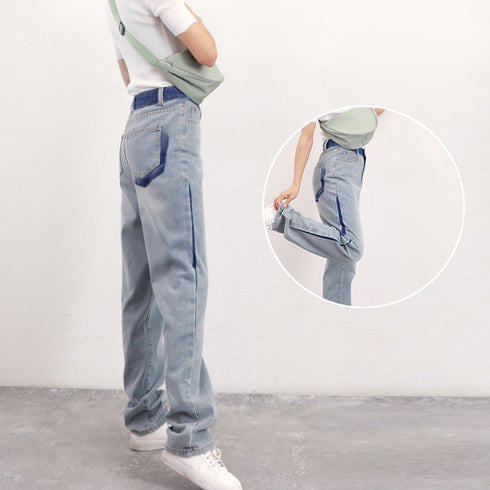 配色ストレートデニムパンツ ハイウエスト ジーパン レディース バイカラー セミワイドパンツ サイドライン 着やせボトムス カジュアル 美脚オールジーンズ 韓国風 86YIFANGE-010