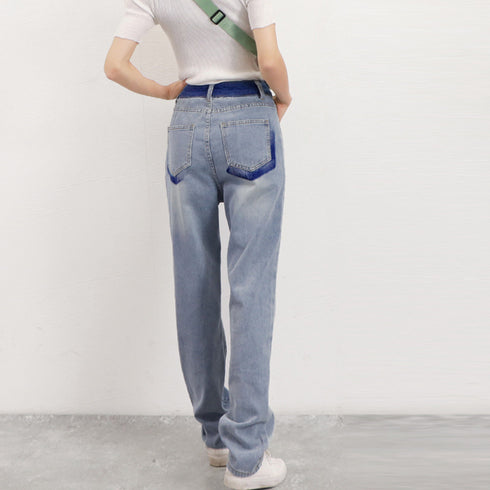 配色ストレートデニムパンツ ハイウエスト ジーパン レディース バイカラー セミワイドパンツ サイドライン 着やせボトムス カジュアル 美脚オールジーンズ 韓国風 86YIFANGE-010