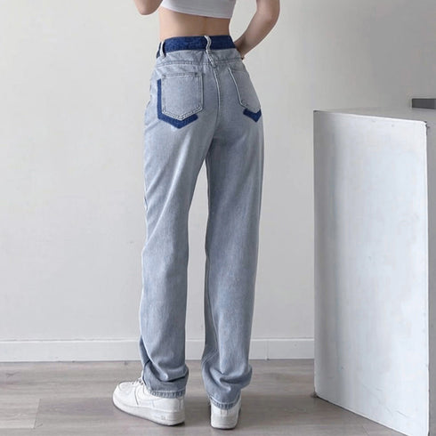 配色ストレートデニムパンツ ハイウエスト ジーパン レディース バイカラー セミワイドパンツ サイドライン 着やせボトムス カジュアル 美脚オールジーンズ 韓国風 86YIFANGE-010