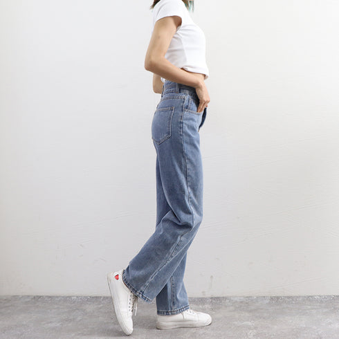 ストレートデニムパンツ セミワイドパンツ 2ボタンハイウエスト ジーパン 細見え 韓国 ロングパンツ 脚長 ゆったり ジーンズ カジュアル オールジーンズ 着やせ 86YIFANGE-011