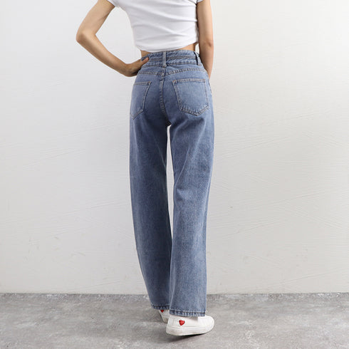 ストレートデニムパンツ セミワイドパンツ 2ボタンハイウエスト ジーパン 細見え 韓国 ロングパンツ 脚長 ゆったり ジーンズ カジュアル オールジーンズ 着やせ 86YIFANGE-011