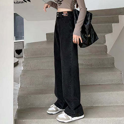 ストレートデニムパンツ セミワイドパンツ 2ボタンハイウエスト ジーパン 細見え 韓国 ロングパンツ 脚長 ゆったり ジーンズ カジュアル オールジーンズ 着やせ 86YIFANGE-011