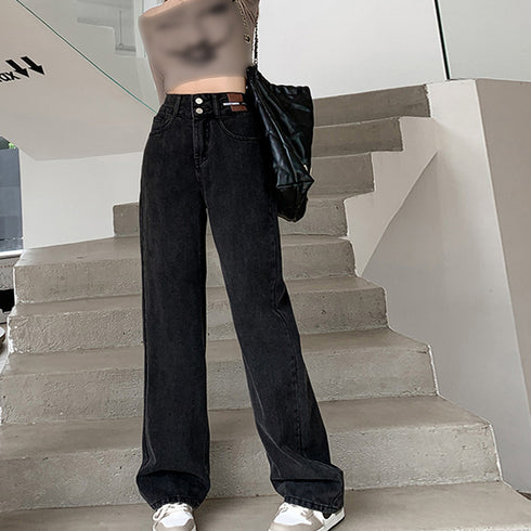 ストレートデニムパンツ セミワイドパンツ 2ボタンハイウエスト ジーパン 細見え 韓国 ロングパンツ 脚長 ゆったり ジーンズ カジュアル オールジーンズ 着やせ 86YIFANGE-011