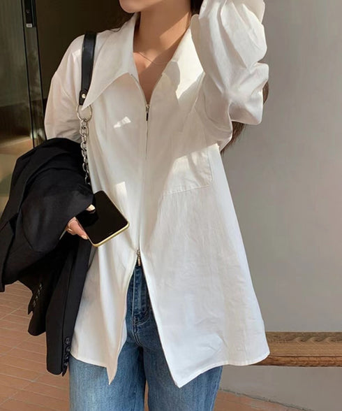 ダブルジップシャツ シャツカーディガン白 レディース 体型カバー ロングシャツ前開き オフィスカジュアル羽織り オープンカラーシャツブラウス 長袖トップス 春秋夏 86YIKELI-001