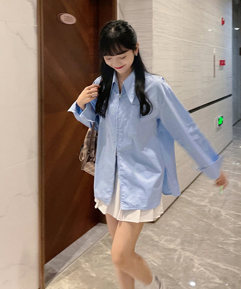 ダブルジップシャツ シャツカーディガン白 レディース 体型カバー ロングシャツ前開き オフィスカジュアル羽織り オープンカラーシャツブラウス 長袖トップス 春秋夏 86YIKELI-001