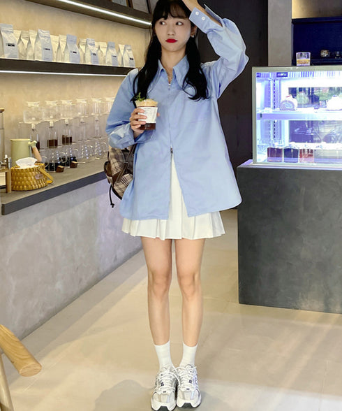 ダブルジップシャツ シャツカーディガン白 レディース 体型カバー ロングシャツ前開き オフィスカジュアル羽織り オープンカラーシャツブラウス 長袖トップス 春秋夏 86YIKELI-001