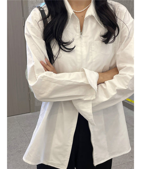 ダブルジップシャツ シャツカーディガン白 レディース 体型カバー ロングシャツ前開き オフィスカジュアル羽織り オープンカラーシャツブラウス 長袖トップス 春秋夏 86YIKELI-001