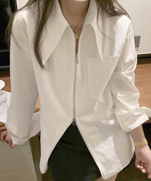 ダブルジップシャツ シャツカーディガン白 レディース 体型カバー ロングシャツ前開き オフィスカジュアル羽織り オープンカラーシャツブラウス 長袖トップス 春秋夏 86YIKELI-001