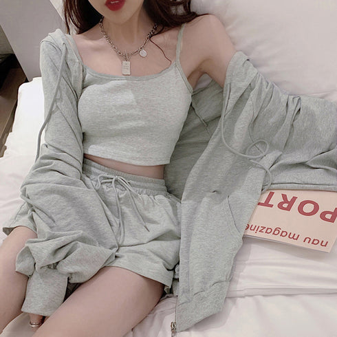 3点セット ルームウェア レディース韓国 可愛い 部屋着セット 長袖 ルームウェア カジュアル ジップアップパーカー ショート丈キャミソール ショートパンツ 春夏 86YIMIYA-001