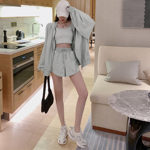 3点セット ルームウェア レディース韓国 可愛い 部屋着セット 長袖 ルームウェア カジュアル ジップアップパーカー ショート丈キャミソール ショートパンツ 春夏 86YIMIYA-001