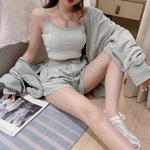 3点セット ルームウェア レディース韓国 可愛い 部屋着セット 長袖 ルームウェア カジュアル ジップアップパーカー ショート丈キャミソール ショートパンツ 春夏 86YIMIYA-001
