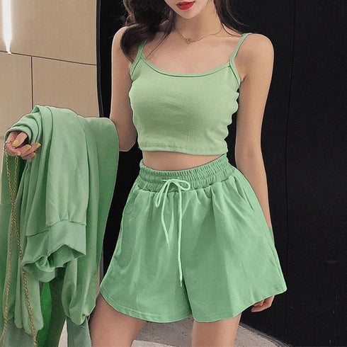 3点セット ルームウェア レディース韓国 可愛い 部屋着セット 長袖 ルームウェア カジュアル ジップアップパーカー ショート丈キャミソール ショートパンツ 春夏 86YIMIYA-001