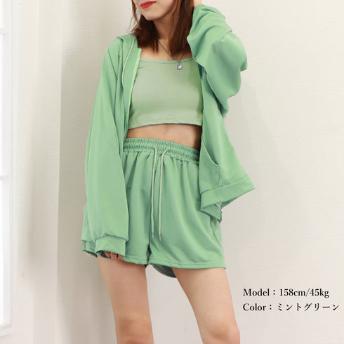 3点セット ルームウェア レディース韓国 可愛い 部屋着セット 長袖 ルームウェア カジュアル ジップアップパーカー ショート丈キャミソール ショートパンツ 春夏 86YIMIYA-001
