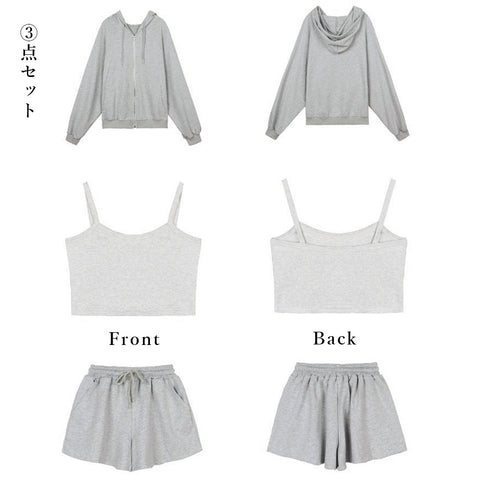 3点セット ルームウェア レディース韓国 可愛い 部屋着セット 長袖 ルームウェア カジュアル ジップアップパーカー ショート丈キャミソール ショートパンツ 春夏 86YIMIYA-001