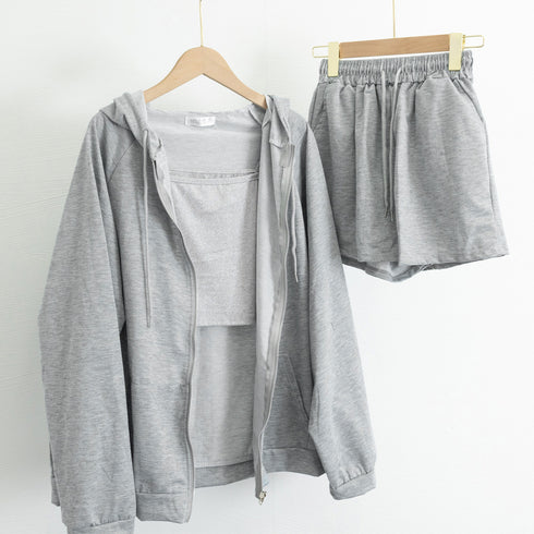 3点セット ルームウェア レディース韓国 可愛い 部屋着セット 長袖 ルームウェア カジュアル ジップアップパーカー ショート丈キャミソール ショートパンツ 春夏 86YIMIYA-001