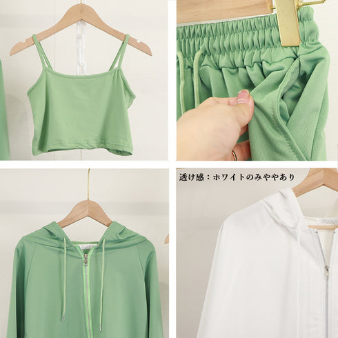 3点セット ルームウェア レディース韓国 可愛い 部屋着セット 長袖 ルームウェア カジュアル ジップアップパーカー ショート丈キャミソール ショートパンツ 春夏 86YIMIYA-001