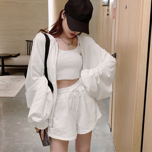 3点セット ルームウェア レディース韓国 可愛い 部屋着セット 長袖 ルームウェア カジュアル ジップアップパーカー ショート丈キャミソール ショートパンツ 春夏 86YIMIYA-001