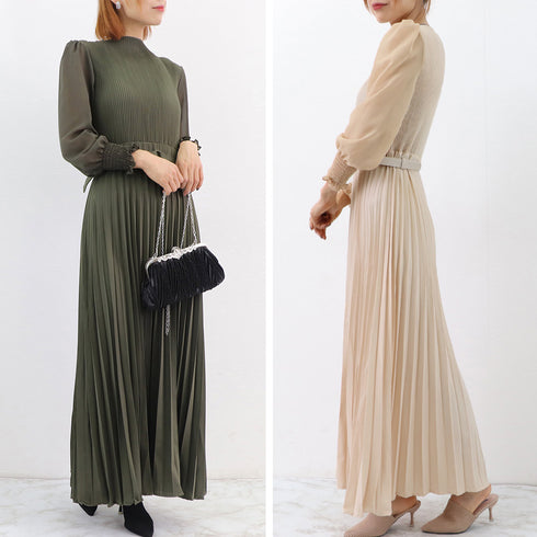 プリーツ ワンピース ウエストマーク上品 レディース きれいめ ロングワンピース 袖フリル 長袖 フレアワンピース フェミニン大人かわいい マキシワンピ 春夏 86YIXI-001