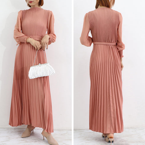 プリーツ ワンピース ウエストマーク上品 レディース きれいめ ロングワンピース 袖フリル 長袖 フレアワンピース フェミニン大人かわいい マキシワンピ 春夏 86YIXI-001