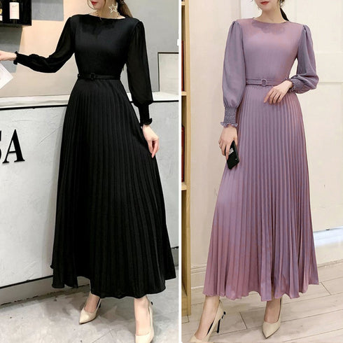 プリーツ ワンピース ウエストマーク上品 レディース きれいめ ロングワンピース 袖フリル 長袖 フレアワンピース フェミニン大人かわいい マキシワンピ 春夏 86YIXI-001