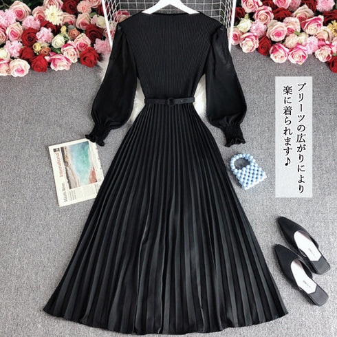 プリーツ ワンピース ウエストマーク上品 レディース きれいめ ロングワンピース 袖フリル 長袖 フレアワンピース フェミニン大人かわいい マキシワンピ 春夏 86YIXI-001