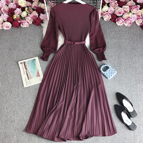 プリーツ ワンピース ウエストマーク上品 レディース きれいめ ロングワンピース 袖フリル 長袖 フレアワンピース フェミニン大人かわいい マキシワンピ 春夏 86YIXI-001