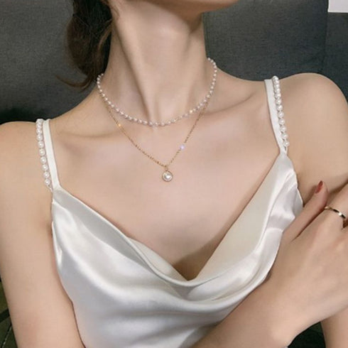 2連 チョーカーネックレス レディース 2連 チョーカーネックレス レディース フェイクパール チェーンネックレス シンプルパールネックレス 重ね付け 86YOUJIA-001