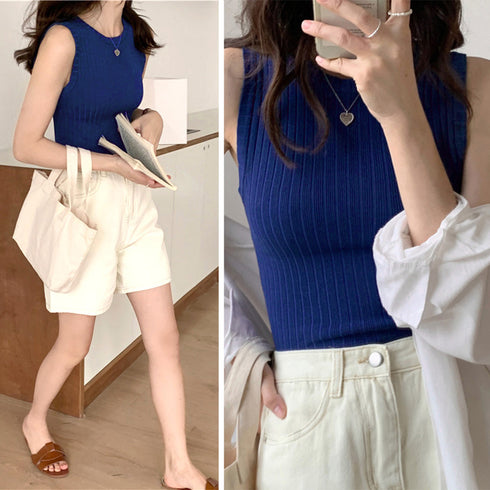 リブニット タンクトップ レディース春夏 ラウンドネック サマーニット 着回し 大人カジュアル 韓国 ノースリーブ ニットカットソー 無地お洒落 ニットインナー 86ZFM-001