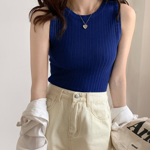 リブニット タンクトップ レディース春夏 ラウンドネック サマーニット 着回し 大人カジュアル 韓国 ノースリーブ ニットカットソー 無地お洒落 ニットインナー 86ZFM-001