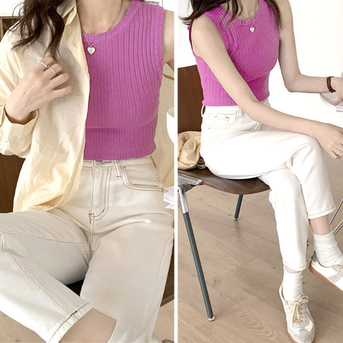 リブニット タンクトップ レディース春夏 ラウンドネック サマーニット 着回し 大人カジュアル 韓国 ノースリーブ ニットカットソー 無地お洒落 ニットインナー 86ZFM-001