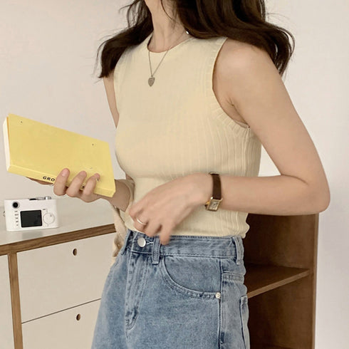 リブニット タンクトップ レディース春夏 ラウンドネック サマーニット 着回し 大人カジュアル 韓国 ノースリーブ ニットカットソー 無地お洒落 ニットインナー 86ZFM-001