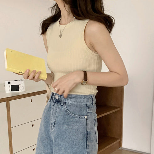 リブニット タンクトップ レディース春夏 ラウンドネック サマーニット 着回し 大人カジュアル 韓国 ノースリーブ ニットカットソー 無地お洒落 ニットインナー 86ZFM-001