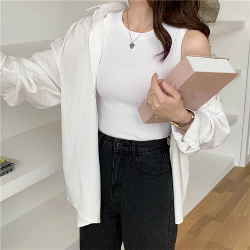 リブニット タンクトップ レディース春夏 ラウンドネック サマーニット 着回し 大人カジュアル 韓国 ノースリーブ ニットカットソー 無地お洒落 ニットインナー 86ZFM-001