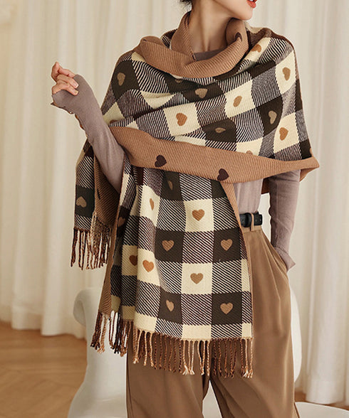 チェック柄 マフラー 大判ストール 厚手 可愛い ハート柄 スカーフショール リバーシブル レディース おしゃれ フリンジ 襟巻き 秋冬 防寒ひざ掛け 暖かい 86ZHENYI-001