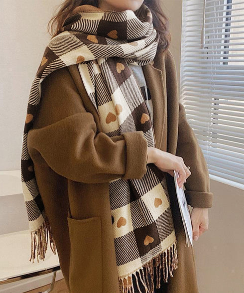 チェック柄 マフラー 大判ストール 厚手 可愛い ハート柄 スカーフショール リバーシブル レディース おしゃれ フリンジ 襟巻き 秋冬 防寒ひざ掛け 暖かい 86ZHENYI-001