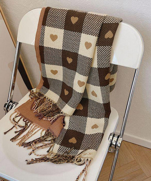 チェック柄 マフラー 大判ストール 厚手 可愛い ハート柄 スカーフショール リバーシブル レディース おしゃれ フリンジ 襟巻き 秋冬 防寒ひざ掛け 暖かい 86ZHENYI-001