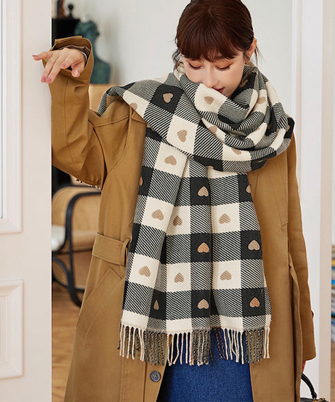 チェック柄 マフラー 大判ストール 厚手 可愛い ハート柄 スカーフショール リバーシブル レディース おしゃれ フリンジ 襟巻き 秋冬 防寒ひざ掛け 暖かい 86ZHENYI-001