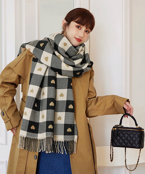 チェック柄 マフラー 大判ストール 厚手 可愛い ハート柄 スカーフショール リバーシブル レディース おしゃれ フリンジ 襟巻き 秋冬 防寒ひざ掛け 暖かい 86ZHENYI-001