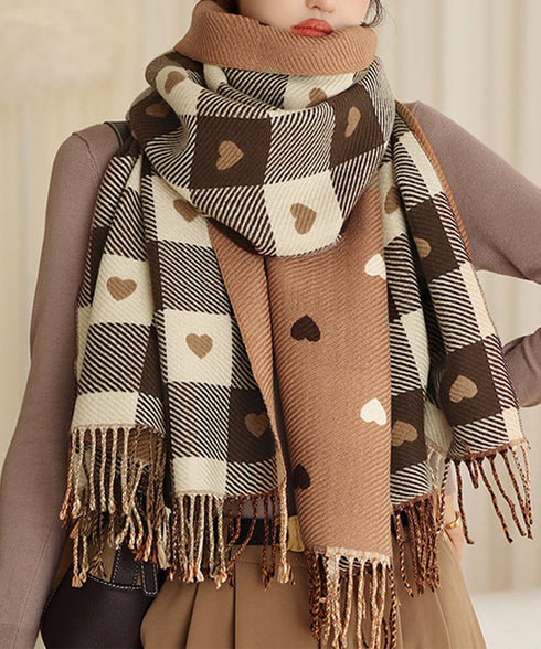 チェック柄 マフラー 大判ストール 厚手 可愛い ハート柄 スカーフショール リバーシブル レディース おしゃれ フリンジ 襟巻き 秋冬 防寒ひざ掛け 暖かい 86ZHENYI-001