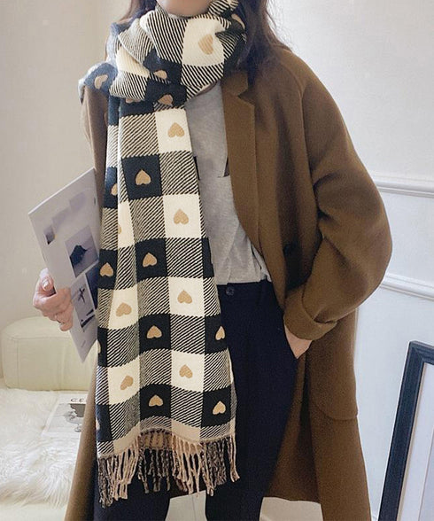 チェック柄 マフラー 大判ストール 厚手 可愛い ハート柄 スカーフショール リバーシブル レディース おしゃれ フリンジ 襟巻き 秋冬 防寒ひざ掛け 暖かい 86ZHENYI-001
