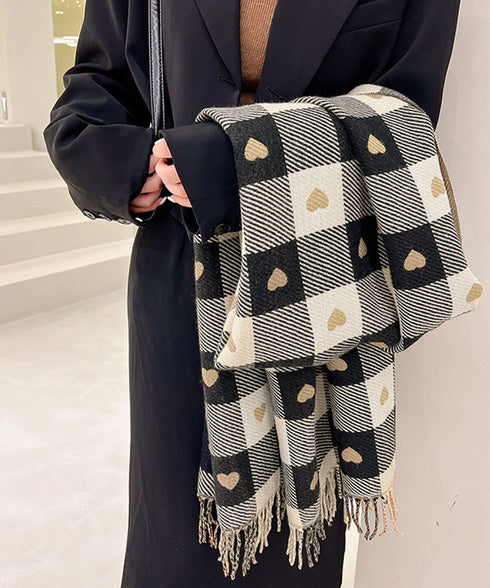 チェック柄 マフラー 大判ストール 厚手 可愛い ハート柄 スカーフショール リバーシブル レディース おしゃれ フリンジ 襟巻き 秋冬 防寒ひざ掛け 暖かい 86ZHENYI-001