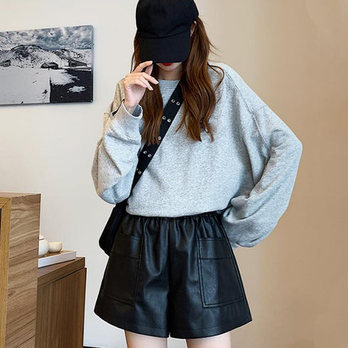 レザー ショートパンツ レディース レザー ショートパンツ レディース ウエストゴム フェイクレザー ワイドショーパン 春秋冬 ミニ キュロットパンツ 86ZMR-002