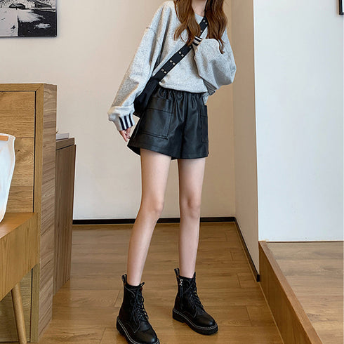 レザー ショートパンツ レディース レザー ショートパンツ レディース ウエストゴム フェイクレザー ワイドショーパン 春秋冬 ミニ キュロットパンツ 86ZMR-002