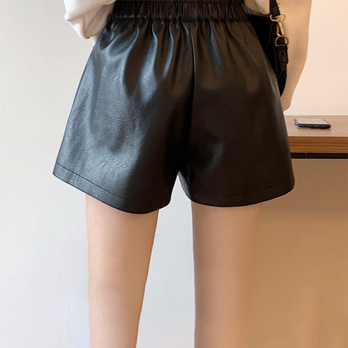 レザー ショートパンツ レディース レザー ショートパンツ レディース ウエストゴム フェイクレザー ワイドショーパン 春秋冬 ミニ キュロットパンツ 86ZMR-002