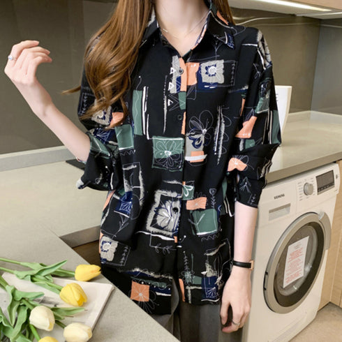 とろみ ブラウスシャツ ゆったり 長袖 レディース プリントシャツ 春夏トップス シフォンブラウス メンズライク シャツカーディガン おしゃれ 20代30代韓国 86ZMR-003