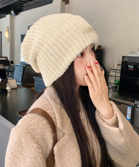 ニット帽 レディース くしゅくしゅ帽小顔 折り返しニットキャップ リブ編み ロゴ付きぼうし あったか 韓国ファッショ小物 ニットキャップ お出掛け 防寒ぼうし秋冬 87BAOGUAN-001