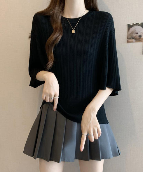 フレアースリーブニットトップスレディース 半袖サマーニット 冷感タッチ ニットブラウス 上品きれいめ ニットTシャツ オフィスカジュアル 華奢見えドルマンスリーブ 87BINGXIU-002