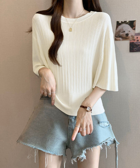 フレアースリーブニットトップスレディース 半袖サマーニット 冷感タッチ ニットブラウス 上品きれいめ ニットTシャツ オフィスカジュアル 華奢見えドルマンスリーブ 87BINGXIU-002