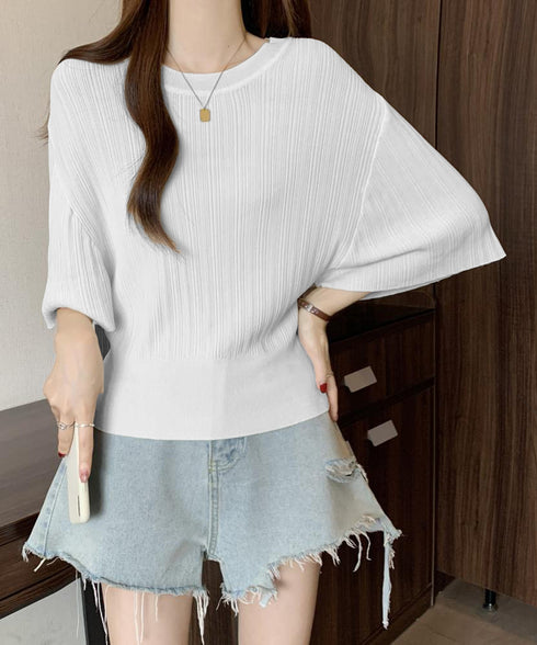 フレアースリーブニットトップスレディース 半袖サマーニット 冷感タッチ ニットブラウス 上品きれいめ ニットTシャツ オフィスカジュアル 華奢見えドルマンスリーブ 87BINGXIU-002