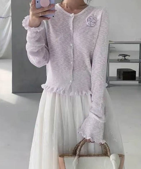 サマーニットカーディガン 花モチーフ付き フリルボレロ レディース ショートサマーニットトップス きれいめ 長袖羽織り 大人可愛いシアーカーディガン 冷房対策上着 87BINGXIU-003
